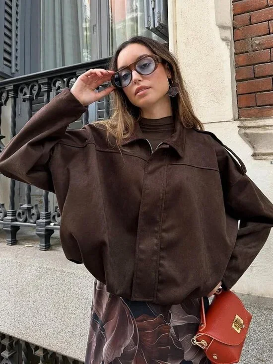 Women's Faux Suede Bomber Jacket Oversized Batwing Long Sleeve Zip Up Coffee - Picture 6 of 6